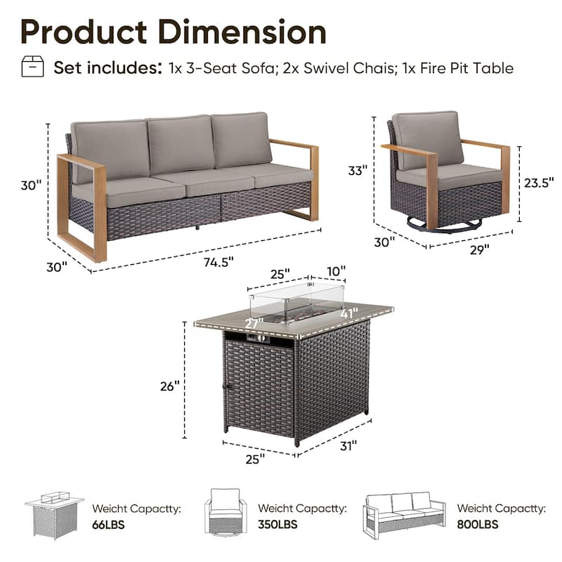 Pocassy Fire Pit Table with Outdoor Sofa Chair Ottoman Set