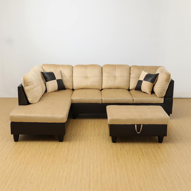 Beige and Brown Color Lint And PVC 3-Piece Couch Living Room Sofa Set
