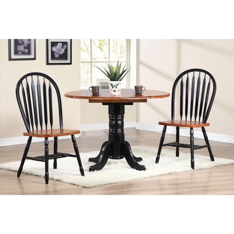 Round Drop Leaf Dining Table - 42" Extendable Table, Antique Black & Cherry Finish - 42