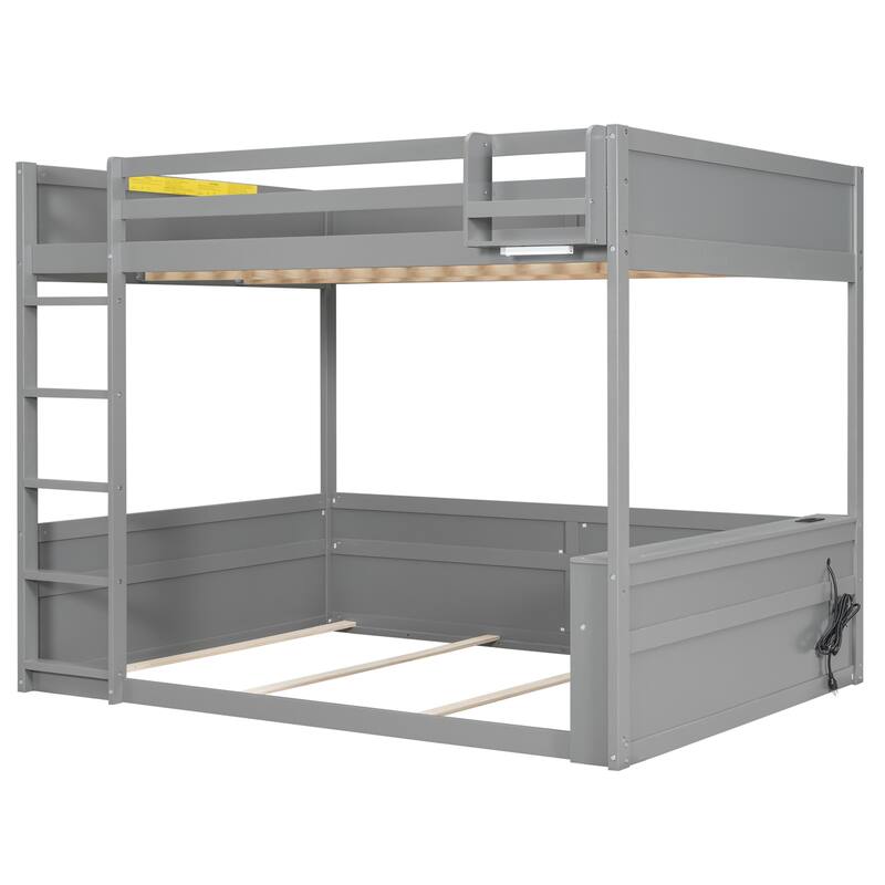 Queen Size Pinewood Bunk Bed with Built-in Shelves, Storage Box, LED Lights and USB Charging Station