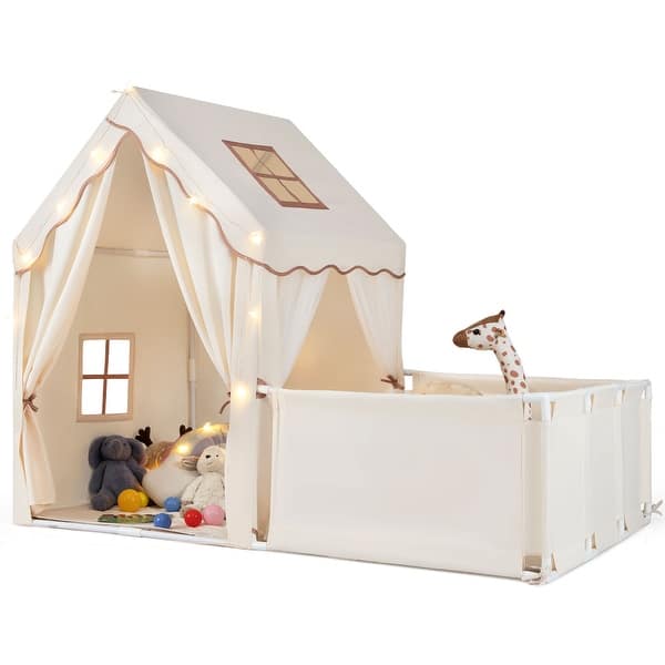 slide 2 of 30, Gymax Kids Play Tent w/Playpen Yard Door Curtains Windows Star Lights Beige