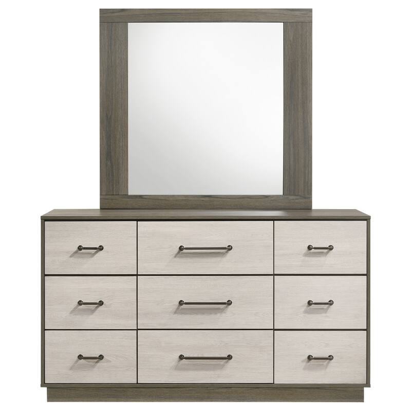 Fene Wide Dresser with Rectangle Mirror, 9 Drawers, Gray-Almond Wood