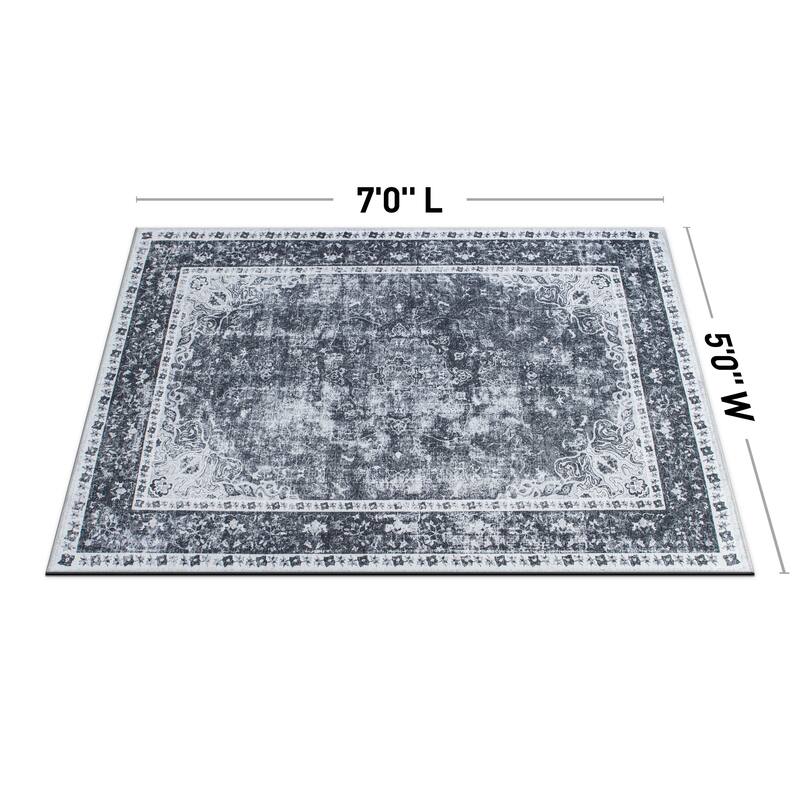 Traditional Distressed Medallion Machine Washable Area Rug