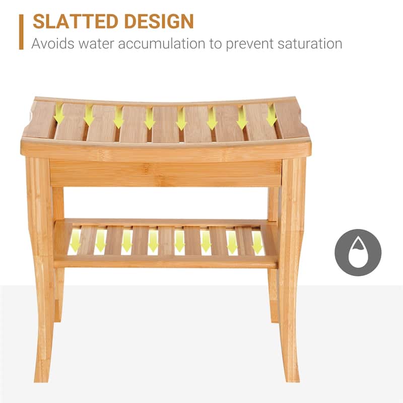 20" Wooden Long Bamboo Shower Bench Seat with Underneath Storage Shelf