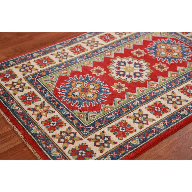 Red Kazak Foyer Rug Hand-Knotted Accent Geometric Wool Carpet - 2'8"x 4'0"