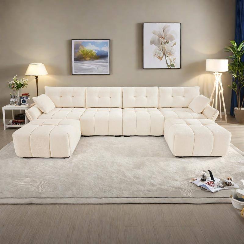 141.7" Chenille 4-Seater Sofa Set with 2 Ottomans, Solid Wood Frame and High-Resilience Cushions - White