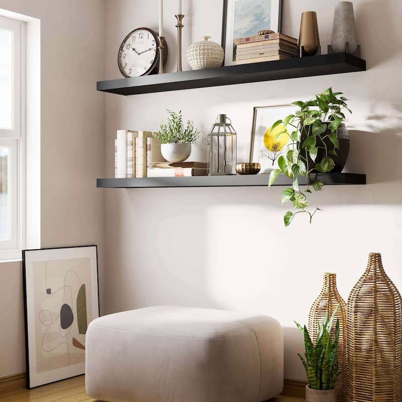 Wallniture Ronda 60 inch Floating Shelf, Wall Shelves for Living Room, Floating Bookshelves for Wall, Black Shelf