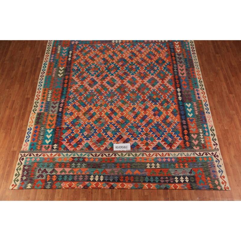 Reversable Kilim Oriental Area Rug Hand-Woven Orange Wool Carpet - 9'9"x 13'5"