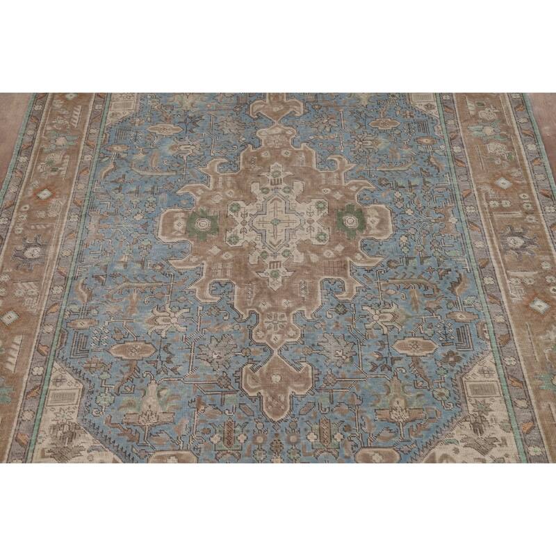 Geometric Blue Tabriz Persian Area Rug Oriental Handmade Wool Carpet - 6'5"x 9'5"