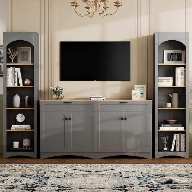 Farmhouse Entertainment Center TV Stand with Storage Cabinet and Bookshelf
