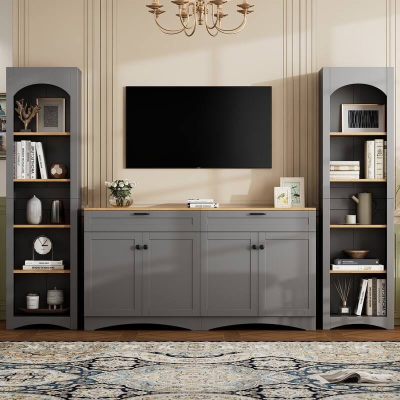 Roomfitters Rustic 3-Piece Entertainment Center for TVs up to 70", Mid-Century TV Stand with Bookshelves and Sideboard Storage