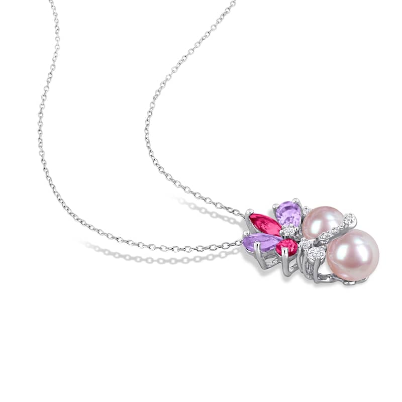 Miadora Sterling Silver Cultured Freshwater Pearl and Gemstone Necklace and Earring Set