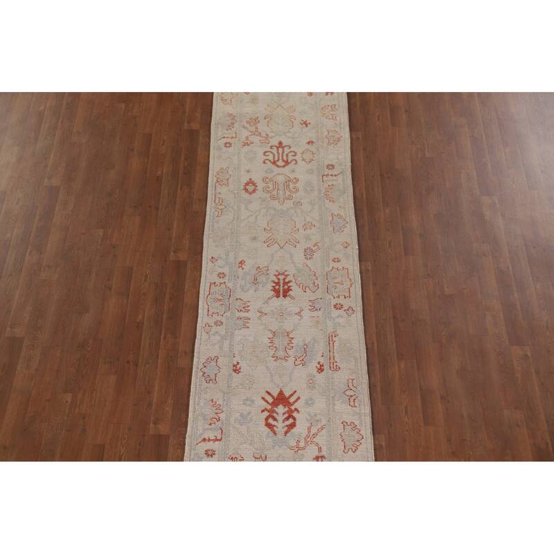 Hand Knotted Oriental 100% Wool Carpet Transitional All-Over Beige & Ivories Oushak Runner Rug - 17' 7'' X 2' 5''