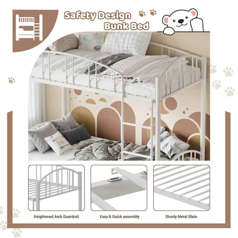 Metal Bunk Bed Twin Over Twin, with Arched Guardrail and Safety Ladder