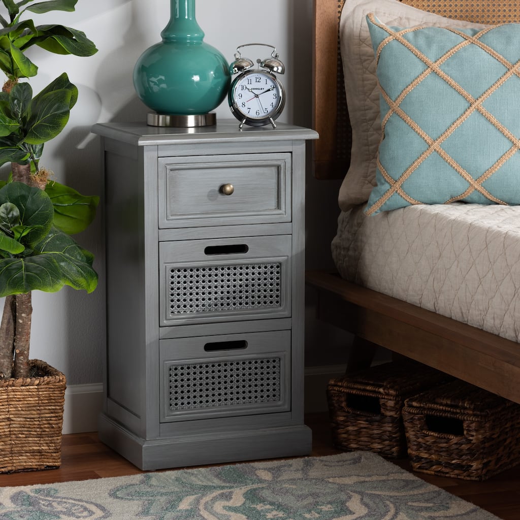 Sheldon Vintage 3-Drawer Wood and Rattan End Table Modern Style