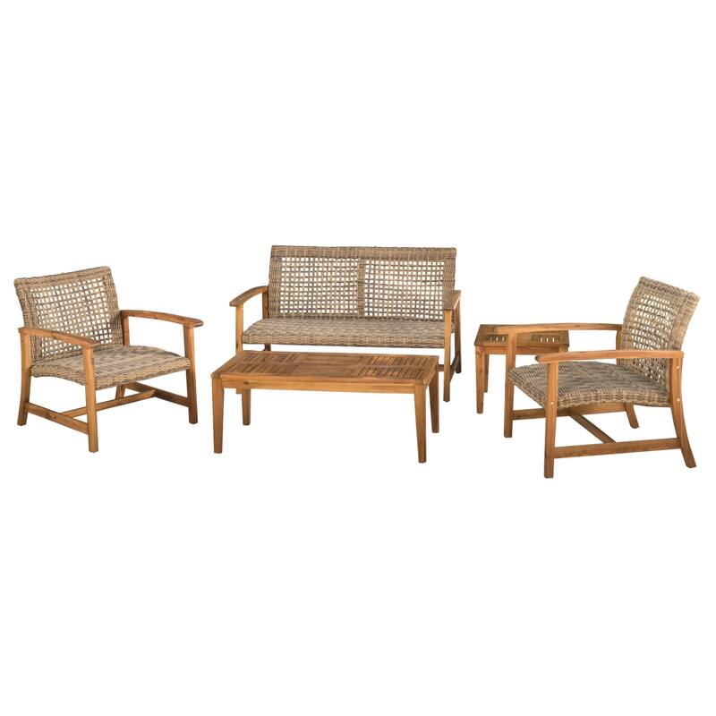 Hampton Outdoor 4-piece Acacia Chat Set by Christopher Knight Home - Grey, Natural Stained Finish