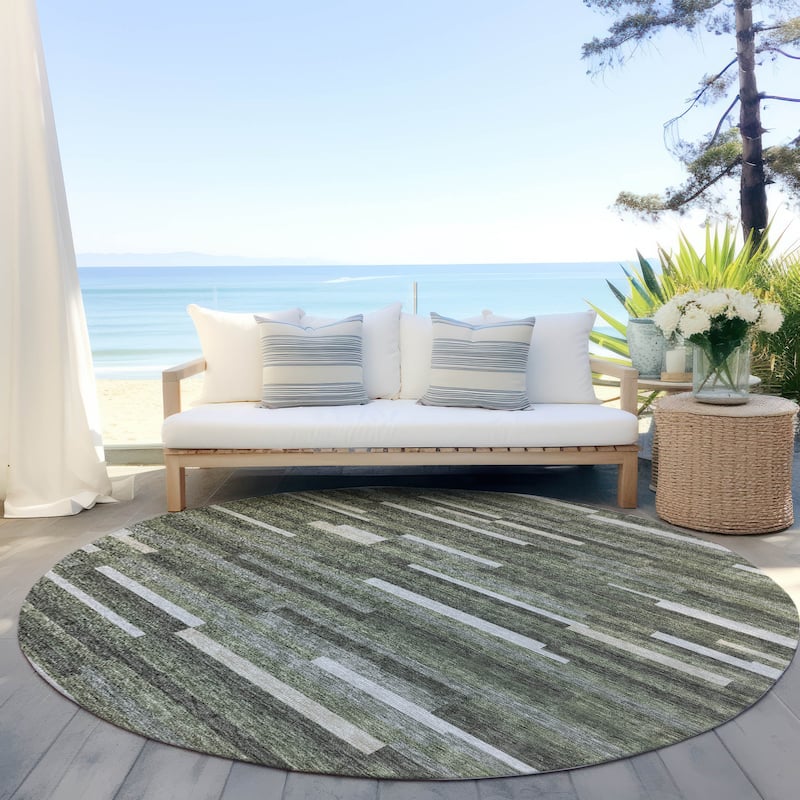Machine Washable Indoor/ Outdoor Chantille Modern Stripes Rug - Olive - 8' x 8'