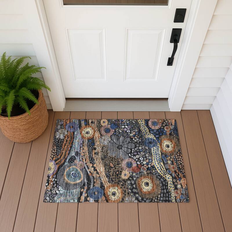 Machine Washable Indoor/ Outdoor Whimsy Floral Chantille Rug - Black - 1'8" x 2'6"