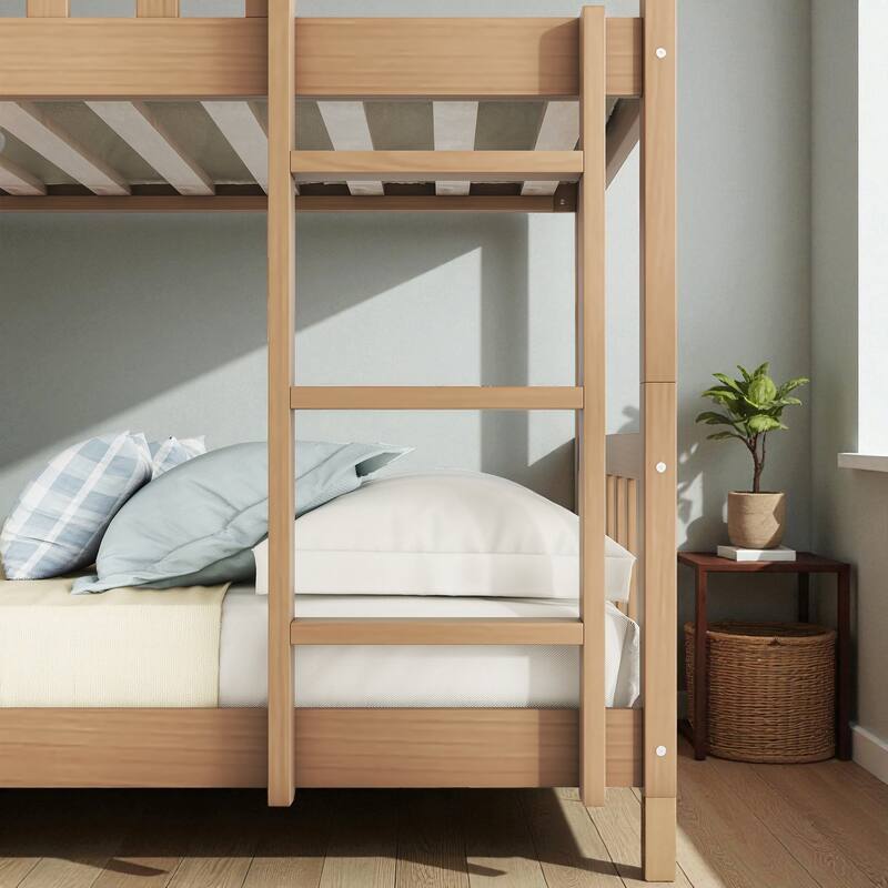 Twin Over Twin Over Twin Rubber Wood Triple Bunk Bed with Guardrails and Ladders, Detachable Convertible Triple Twin Bed Frame