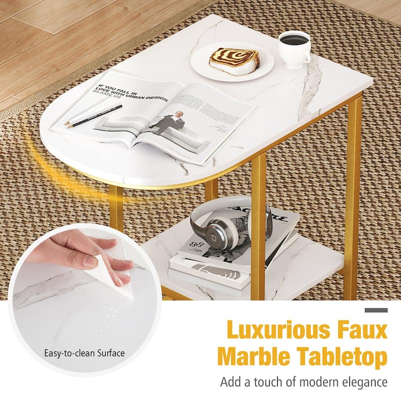 2 Tier Faux Marble C Shaped Bedside End Table with Metal Frame for Living Room Decor or Bedroom - 24" x 16" x 24"