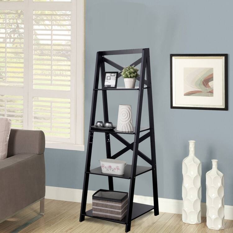 4-Tier Leaning Free Standing Ladder Shelf Bookcase - 20" x 18" x 56" (L x W x H)