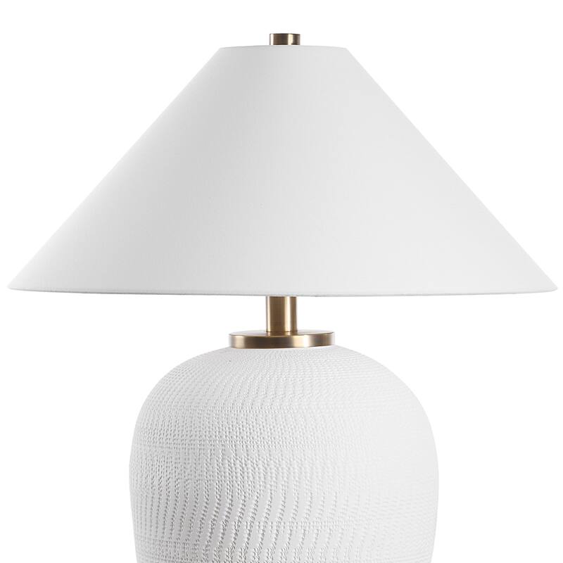 Hand Carved Glaze Textured Ceramic Table Lamp with Drum Shade - 33" - White