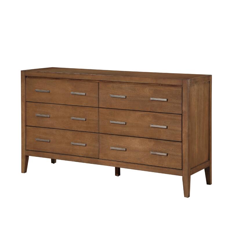 Evi Dresser, 60 Inch, 6 Drawers, Brushed Rich Brown Wood, Brass Pulls