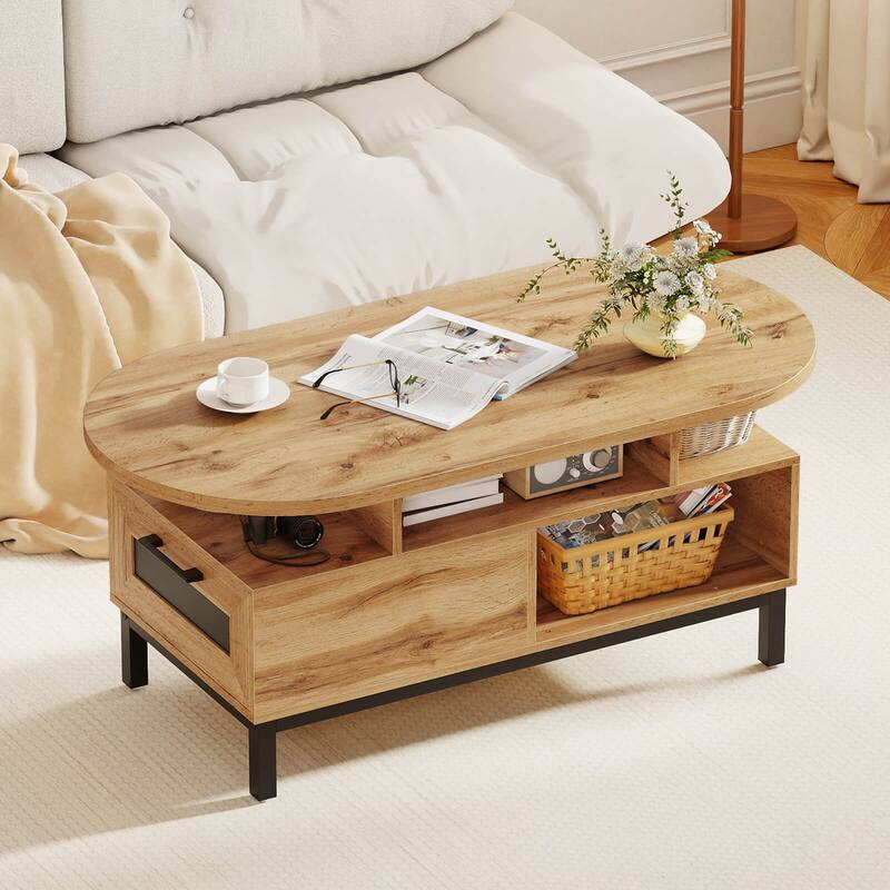 Costway 47” Oval Top Coffee Table with 4 Open Compartments & Drawer, 5 - See Details