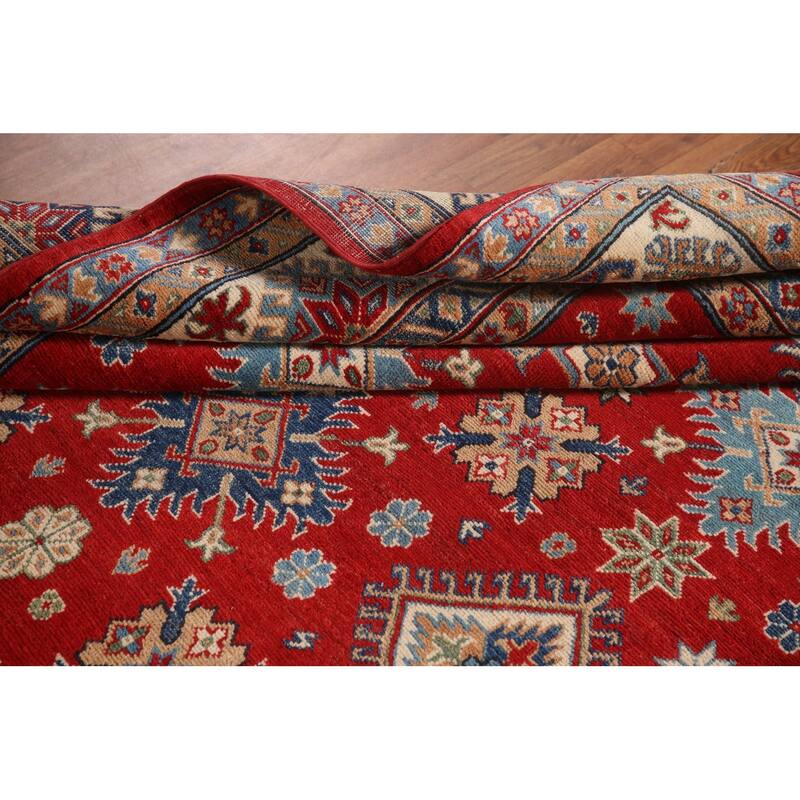 Geometric Red Kazak Area Rug Hand-Knotted Wool Carpet - 6'5" x 9'10"