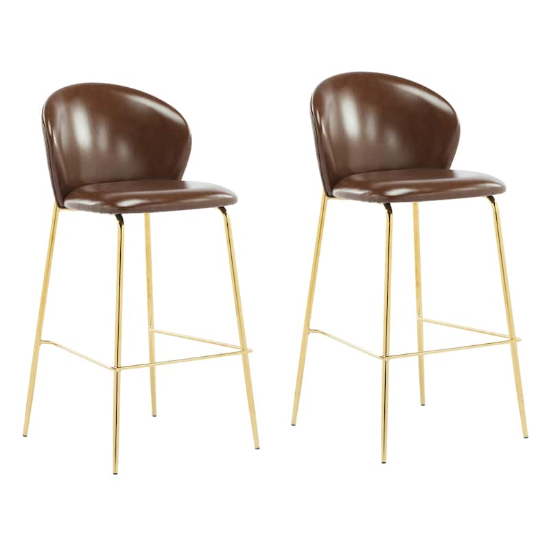 Upholstered Bar Stools, Dark Brown Faux Leather with Golden Metal Frame, Set of 2 Barstool with Ergonomic Curved Backrest