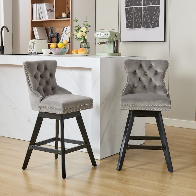 Swivel Velvet Barstools, Wooden Legs Bar Chairs,Bar stools, Set of 2 - Gray
