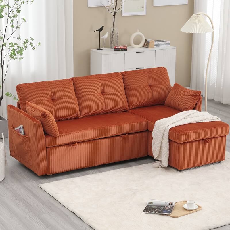Corduroy/Chenille Upholstered L-Shaped Storage Reversible Chaise Sectional Sofa with Side Pocket - Orange+Corduroy