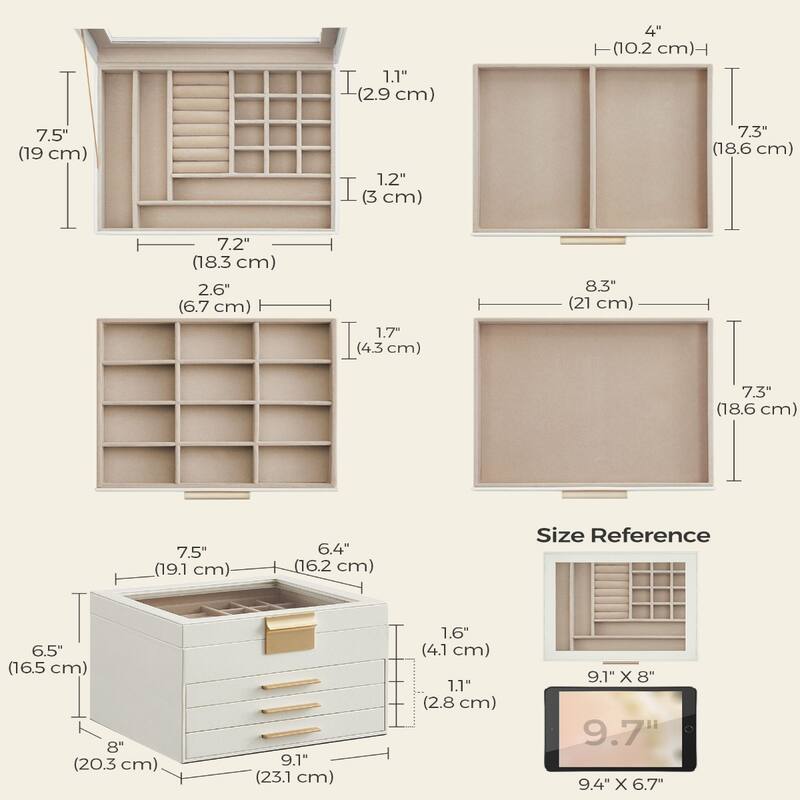 Modern Jewelry Organizer with Multiple Drawers Glass Top and Velvet Interior for Storage