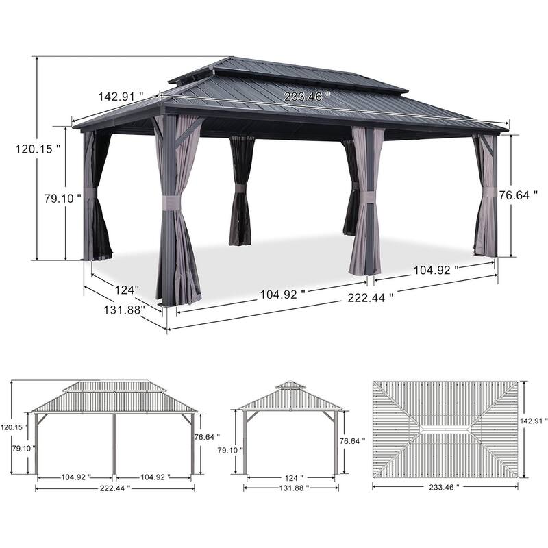PURPLE LEAF Gazebo Outdoor Gazebo with Dual-Layer Galvanized Steel Double Roof Aluminum Gazebo with Netting and Curtains Grey