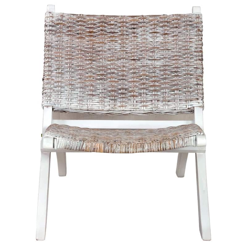 vidaXL Relaxing Chair White Natural Kubu Rattan and Solid Mahogany Wood - 23.6" x 30.3" x 27.6"