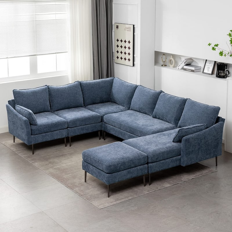 EROMMY U Shaped 6-seat Sectional Sofa Couch, Reversible Sleeper in Modern Chenille Design, with Chaise Lounge and Ottoman - Blue - Reversible