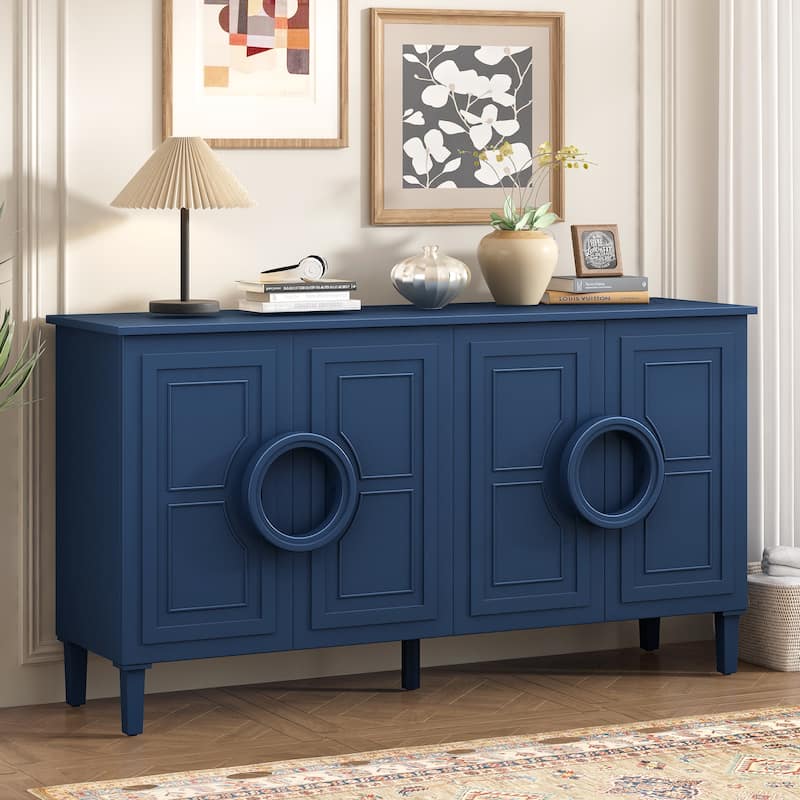 Sideboard Cabinet with Round Ring Handle, Wood Storage Cabinet with Adjustable Shelf, Console Table with 4 Doors - Navy Blue