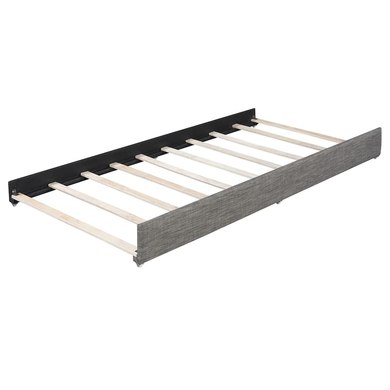 Roomfitters Queen Size Upholstered Platform Bed Frame with Twin XL Trundle and Geometric Patterned Headboard