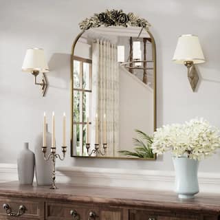 Retro Flower Antique Brass Frame Metal Arch Wall Mirror
