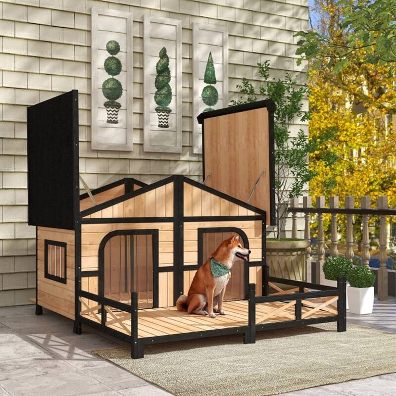 Cabin-Style Dog House with Spacious Deck, Raised Floor & Asphalt Roof for Outdoor Comfort - 59"L x 63.5"W x 39.25"H