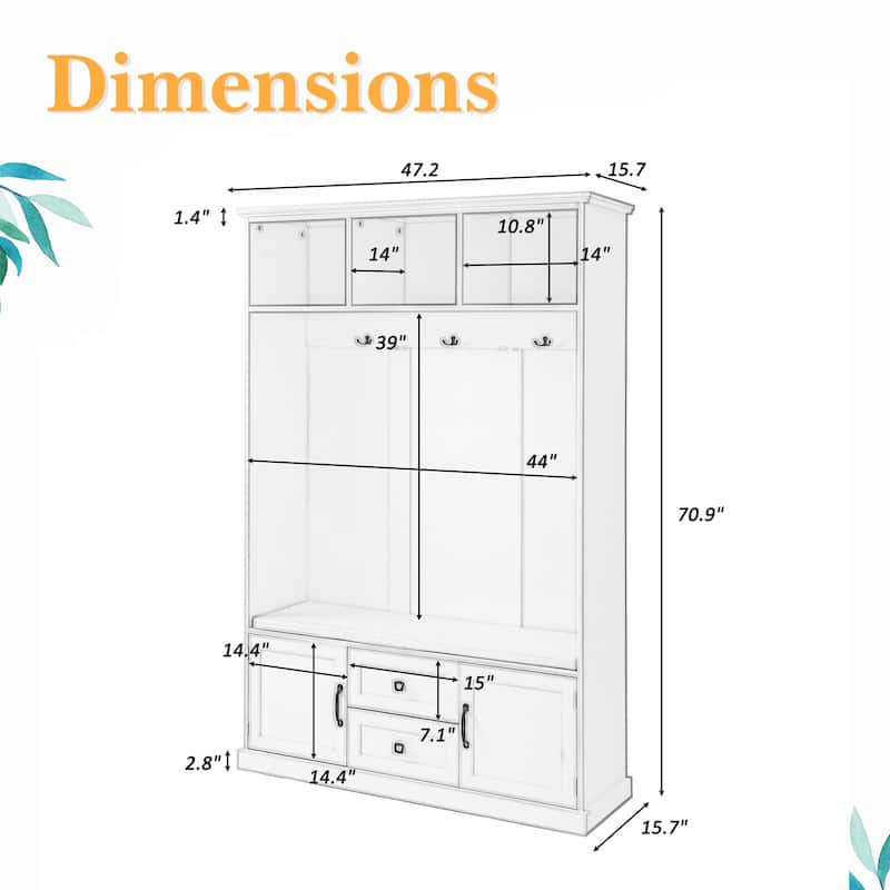 47"W Hall Tree with 3 Metal Double Hooks,3 Open Shelves,Shoe Storage - 3-in-1