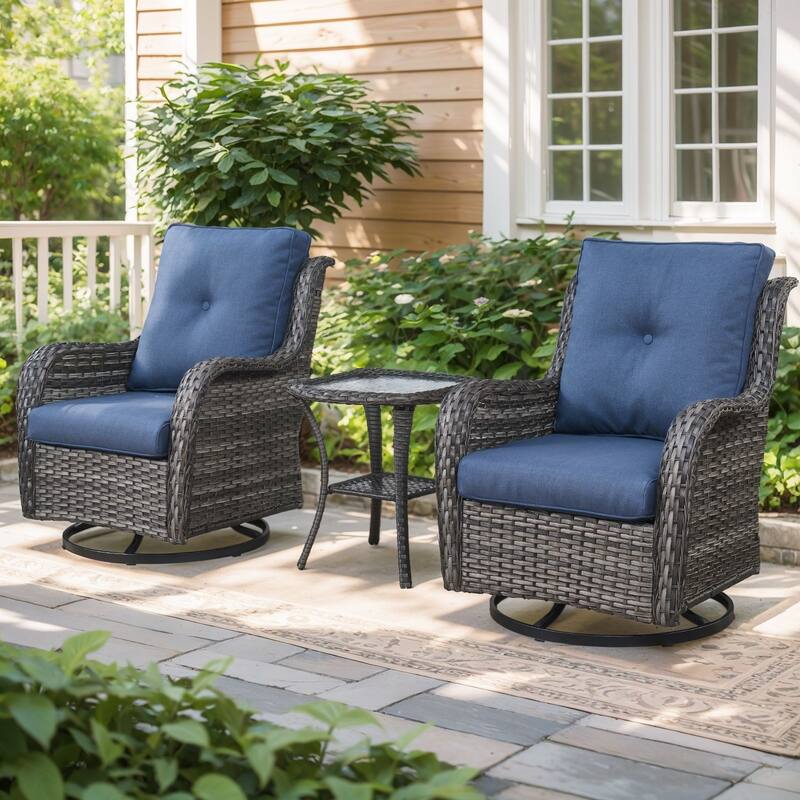 Gymojoy Wicker Swivel Glider Chair with Water-Resistant Olefin Cushions - 3-Piece with Side Table - Grey Wicker / Blue Cusion