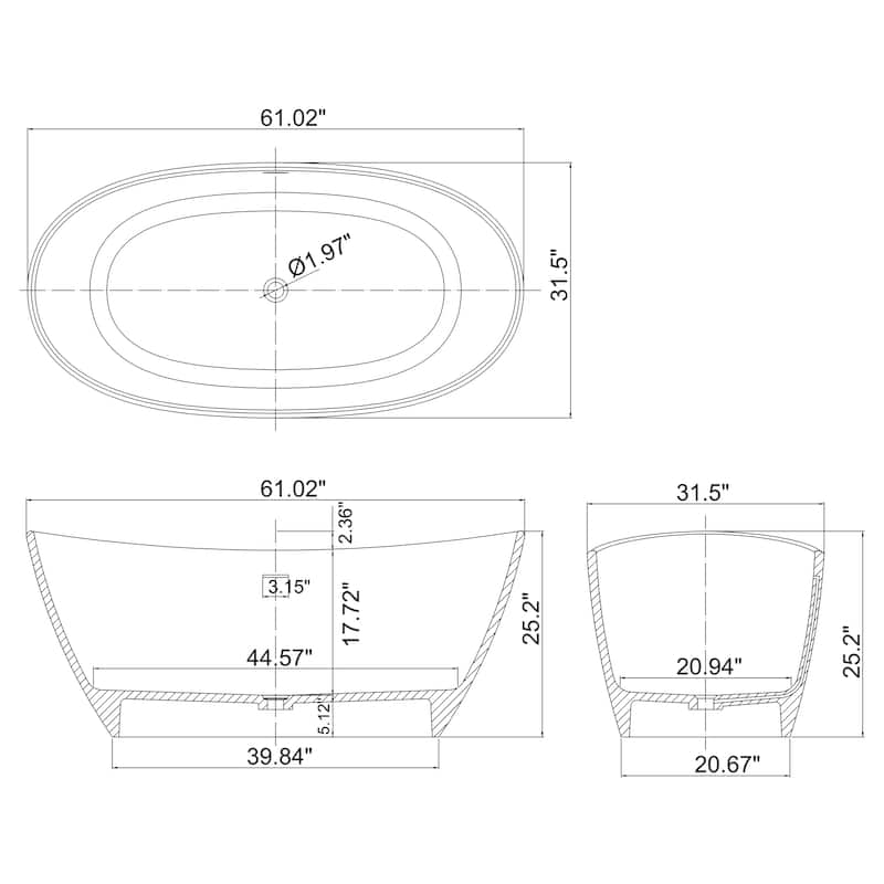 61 Inch Small Size Artificial Stone Solid Surface Freestanding Bathroom Bathtub