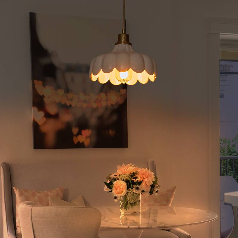 Modern Brushed Gold Pendant Light with Ceramic Flower Shade Fixture - Dia.10-in