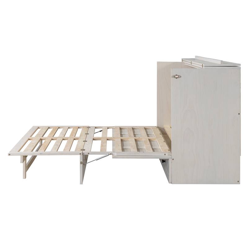 Space-Saving Queen Murphy Bed with Storage Drawers, USB Ports & Outlets, Brushed White/Gray Finish