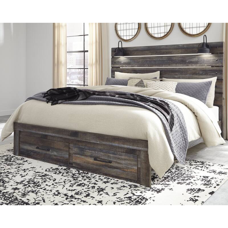 Drystan Rustic Brown Panel Bed with Footboard Storage Drawers