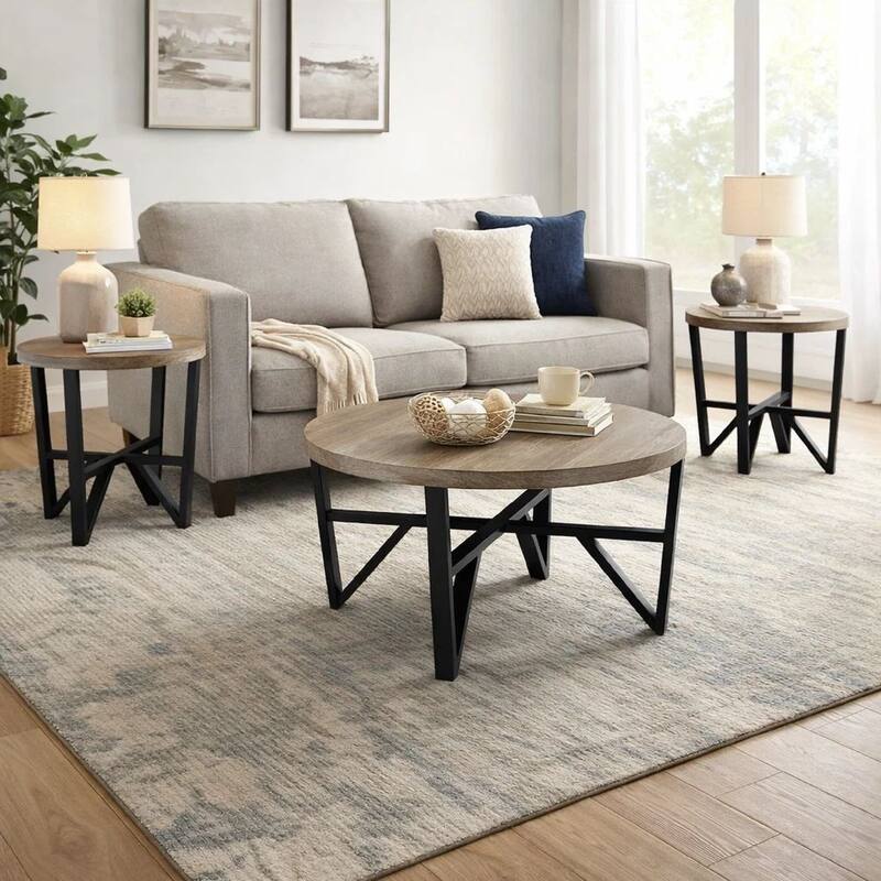 Hya 3pc Coffee and End Table Set, Brown Wood Round Top, Black Angular