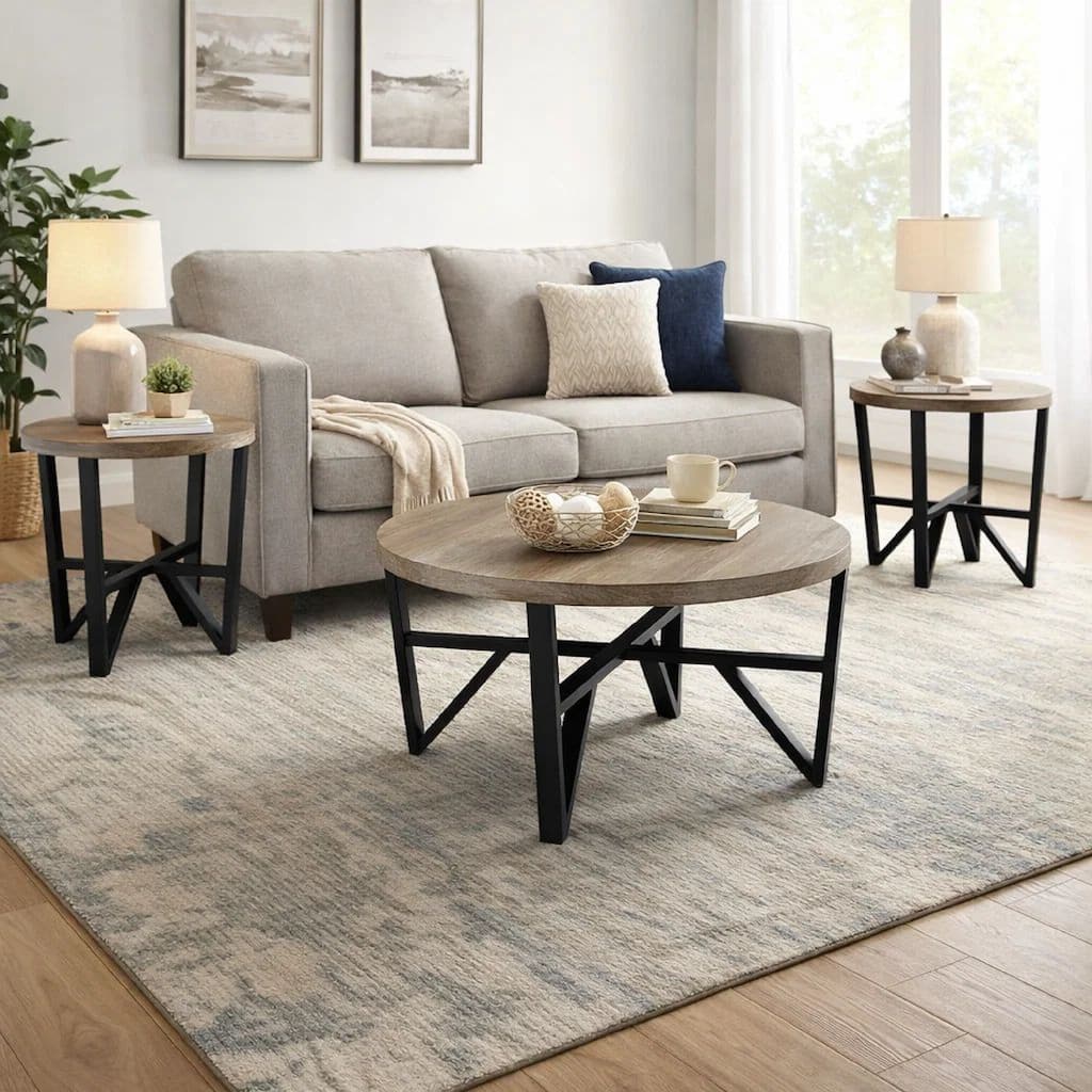 Hya 3pc Coffee and End Table Set, Brown Wood Round Top, Black Angular