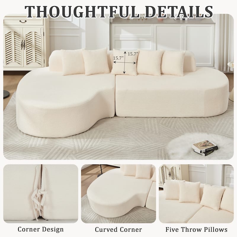 L-Shape Boneless Couch for Living Room, Curved Sectional Sofa Memory Foam Floor Sofa with 5 Pillows - Ivory
