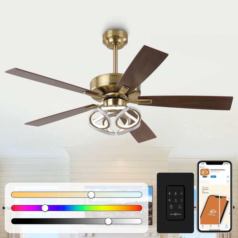 52" Modern Gold Smart Dimmable RGB Ceiling Fan with Light and Remote and App Control